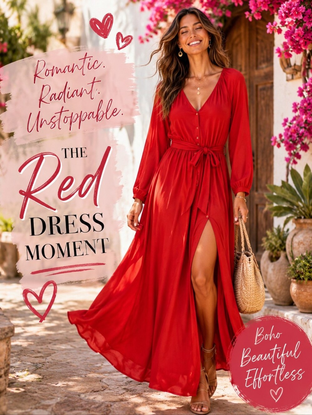❤️ Lovestitch Red Maxi Dress|Large | V-Neck Long Sleeve Waist Tie Boho Romantic